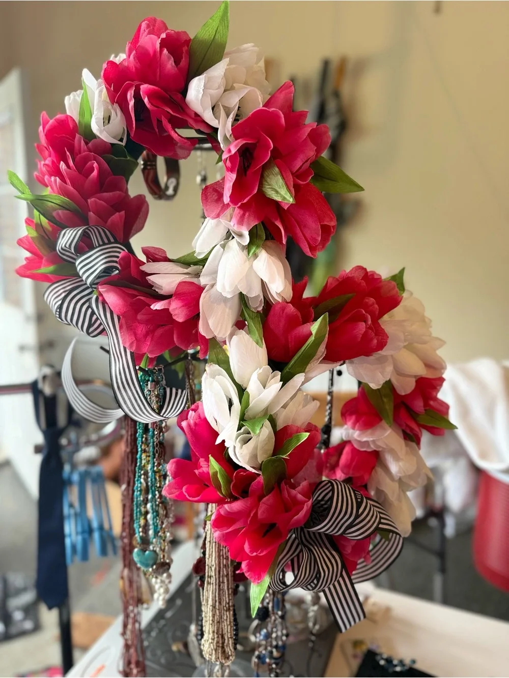 Full-layered tulip wreaths (2) with black stripe bow